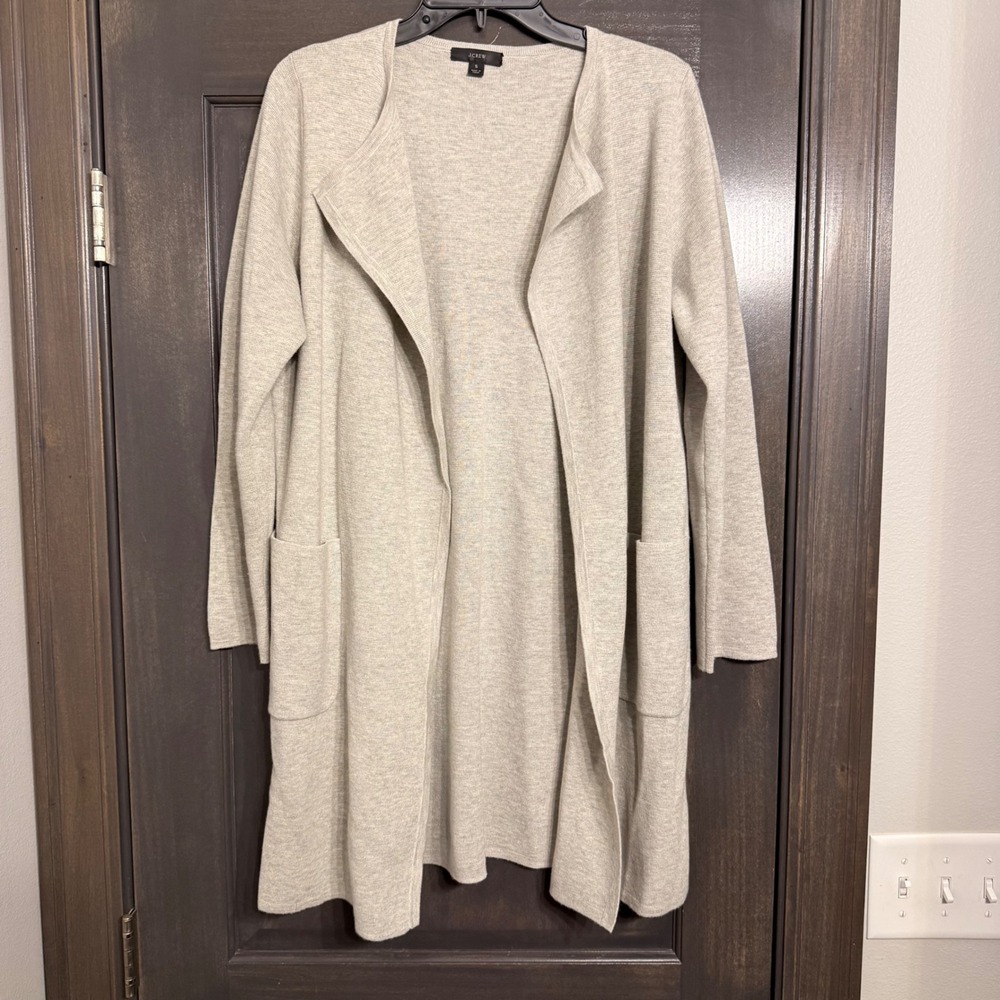 J.Crew Womens Merino Wool Blend Open Front Long Cardigan Sweater Oatmeal Small